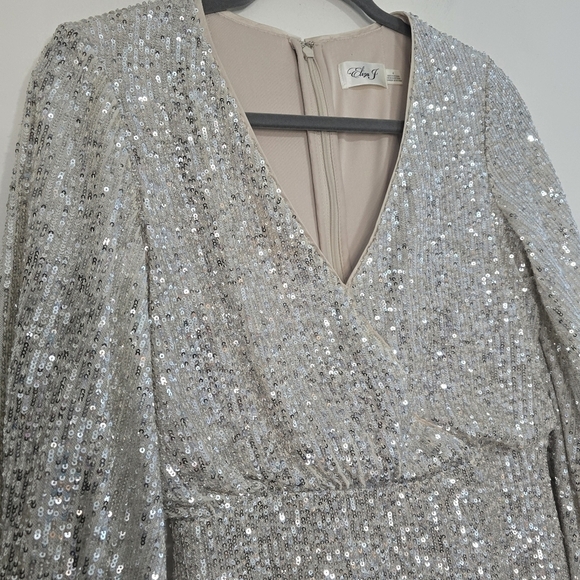 Eliza J. Sequin Evening Dress in Nude and silver with Puff Sleeves surplice even - Picture 6 of 16